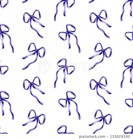 A seamless pattern with purple ribbon bows. Hand-drawn watercolor illustration. Design element for greeting cards and invitations. Suitable for decor, textiles, and wrapping paper. 133029100