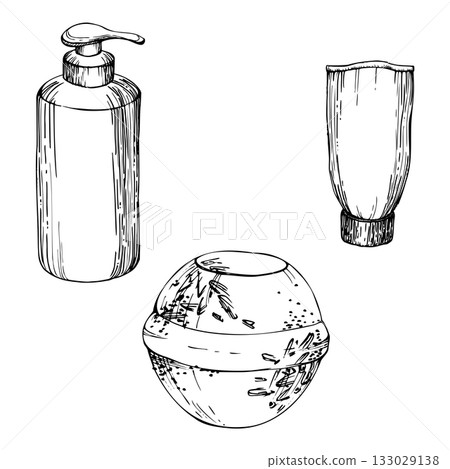 Cosmetic bottles for shampoo, gel or cream, lavender heather bath bombs with infused dried flower petals seeds , hand drawn in vector ink. Single object isolated illustration. Herbal natural treatment 133029138