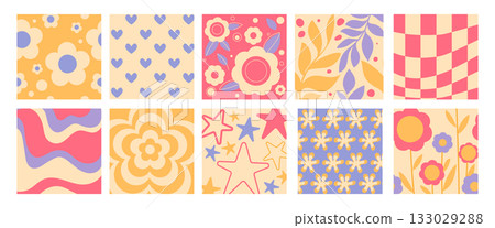 Retro groovy pattern with daisy flowers 133029288