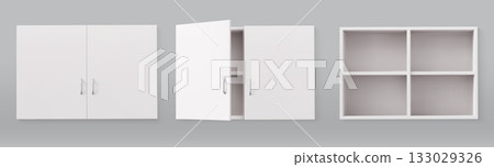 3D white kitchen cabinets with empty shelves 3D white kitchen cabinets with empty shelves 133029326