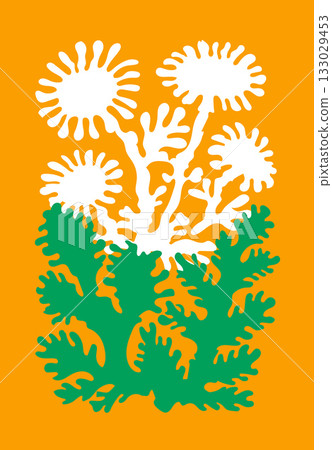 White abstract flowers with green leaves on bright orange background in flat graphic style White abstract flowers with green leaves on bright orange background in flat graphic style 133029453