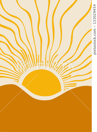 Bright yellow sun rising over orange hills with long curved rays spreading across the sky Bright yellow sun rising over orange hills with long curved rays spreading across the sky 133029454