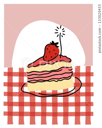 Simple drawing of strawberry cake with red layers on a checkered tablecloth background Simple drawing of strawberry cake with red layers on a checkered tablecloth background 133029455