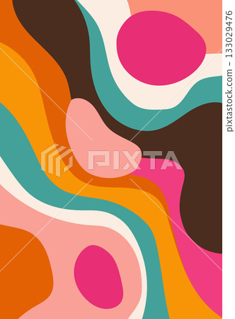 Dynamic colorful waves in pink orange teal and brown overlap in a vivid abstract pattern 133029476