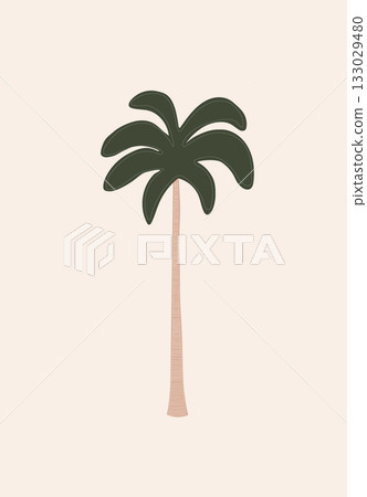 Tall palm tree with dark green leaves and straight brown trunk on beige background Tall palm tree with dark green leaves and straight brown trunk on beige background 133029480
