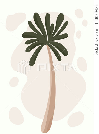 Stylized palm tree with dark green leaves and light brown trunk on beige abstract background 133029483