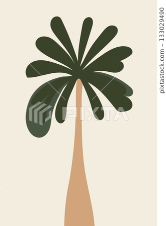 Stylized palm tree with dark green leaves and beige trunk on light background in flat style Stylized palm tree with dark green leaves and beige trunk on light background in flat style 133029490
