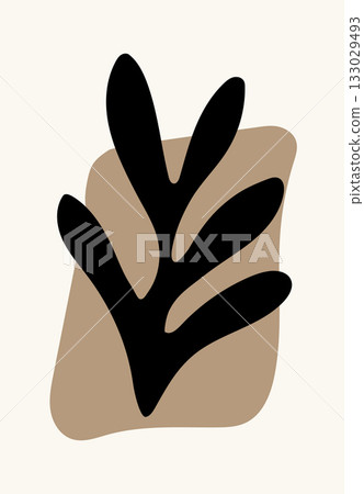 Stylized black leaf with curved branches over a brown organic shape on light beige background 133029493