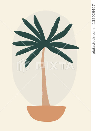 Palm tree with long green leaves and brown trunk inside a simple terracotta pot illustration Palm tree with long green leaves and brown trunk inside a simple terracotta pot illustration 133029497