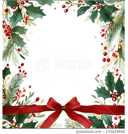 Watercolor christmas frame with holly and pine Watercolor christmas frame with holly and pine 133029498