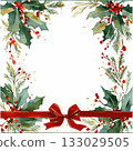 Watercolor christmas frame with holly and pine 133029505