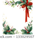 Watercolor christmas frame with holly and pine 133029507