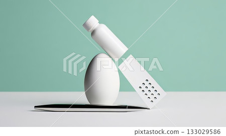 Composition featuring a prescription pad, pen, symbol of life, the egg and a white plastic pill bottle. Isolated on a soft mint-green background. 133029586