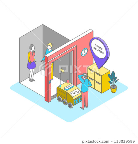 Cartoon Color Robot Car in Office Fast Delivery Service Concept 3d Isometric View Line Elements. Vector illustration 133029599