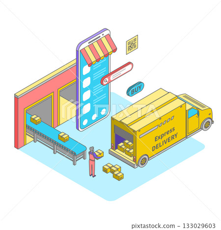 Cartoon Color Buy Button and Display Smartphone Screen Fast Delivery Service Concept 3d Isometric View Line Elements. Vector illustration 133029603