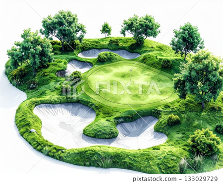 A white golf ball rests on the tee over the lush green grass of a golf course under a blue summer sky. A white golf ball rests on the tee over the lush green grass of a golf course under a blue summer sky. 133029729