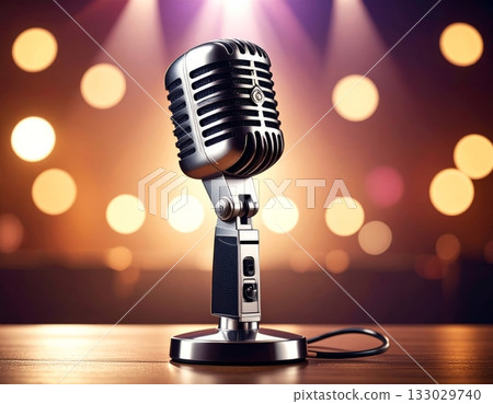 Classic chrome vintage microphone placed isolated on background. Classic chrome vintage microphone placed isolated on background. 133029740