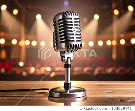 Classic chrome vintage microphone placed isolated on background. Classic chrome vintage microphone placed isolated on background. 133029741