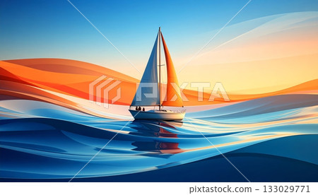 A blue sailboat or yacht glides across the ocean horizon on a summer day 133029771
