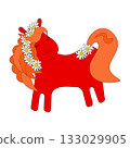 Red horse with a wreath of daisies 133029905