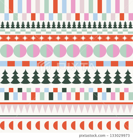 Stripes and trees chaotic Christmas seamless pattern. Candy colors festive shapes, lines and blocks wallpaper, gift wrap texture Stripes and trees chaotic Christmas seamless pattern. Candy colors festive shapes, lines and blocks wallpaper, gift wrap texture 133029973