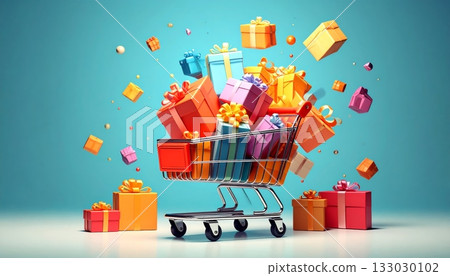A Christmas shopping cart full of gifts and bows ready for holiday shopping. A Christmas shopping cart full of gifts and bows ready for holiday shopping. 133030102