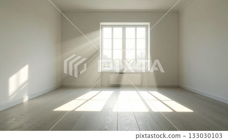 Bright contemporary empty room interior with wood floor, large window, and light walls 133030103