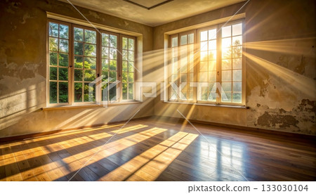 Inside a bright, contemporary room with wooden floors, large windows and light-coloured walls. 133030104