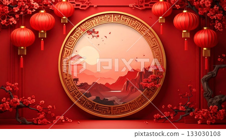 Red Christmas background design with golden balls, snowflake ornaments. Red Christmas background design with golden balls, snowflake ornaments. 133030108