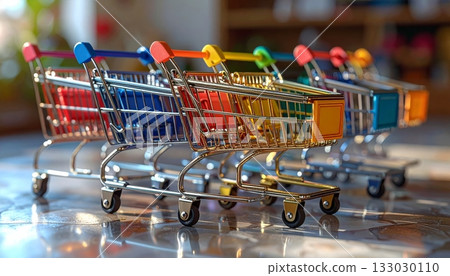 A Christmas shopping cart full of gifts and bows ready for holiday shopping. 133030110