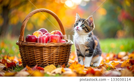 Colorful autumn still life in a wicker basket with corn, pumpkins, fresh grapes, apples and berries. 133030114