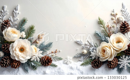 Winter holiday frame with pine and fir branches, cones and snow for Christmas card design. 133030125