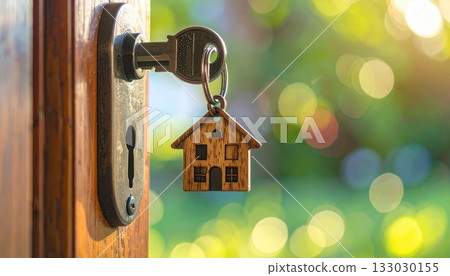 Old metal key in keyhole on wooden door Old metal key in keyhole on wooden door 133030155