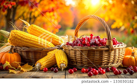 Colorful autumn still life in a wicker basket with corn, pumpkins, fresh grapes, apples and berries. 133030182