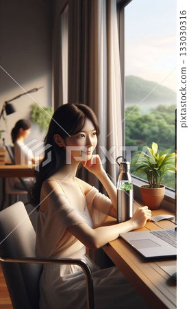 【希望/健康】一位女士在窗邊休息，晨光灑進房間（清新/垂直） 133030316