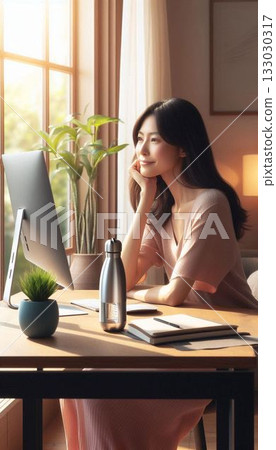 【希望/健康】一位女士在窗邊休息，晨光灑進房間（清新/垂直） 133030317