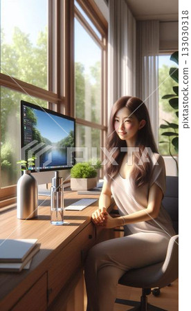 [Hope/Wellness] A woman taking a break by the window as the morning sun shines in (refreshment/vertical) 133030318