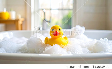 A classic yellow rubber duck toy for kids to enjoy bath time in the bathtub. 133030322