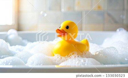 A classic yellow rubber duck toy for kids to enjoy bath time in the bathtub. 133030323