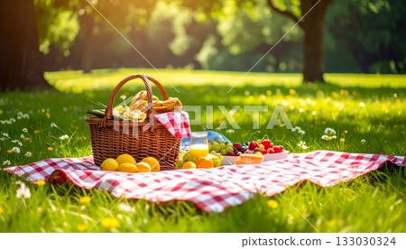 Wicker picnic baskets filled with fruit and food are placed on cloth in a park. 133030324