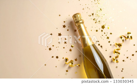 Close-up of a champagne bottle with a burst cork. Close-up of a champagne bottle with a burst cork. 133030345
