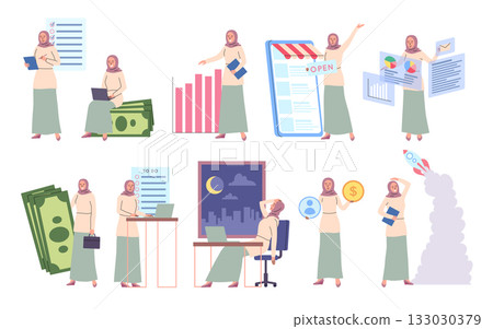 Cartoon Color Characters Muslim Business Woman in Headscarfs Startup Concept Flat Design Style. Vector illustration of Businesswoman Project Cartoon Color Characters Muslim Business Woman in Headscarfs Startup Concept Flat Design Style. Vector illustration of Businesswoman Project 133030379
