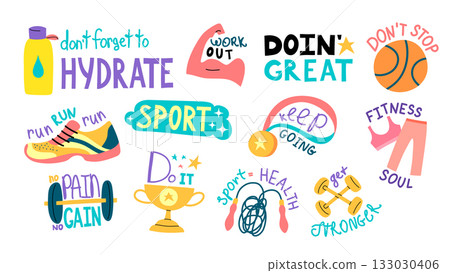 Cartoon Color Different Motivational Sport Hand Drawing Stickers Set Fitness Concept Flat Design Style. Vector illustration of Badge Cartoon Color Different Motivational Sport Hand Drawing Stickers Set Fitness Concept Flat Design Style. Vector illustration of Badge 133030406