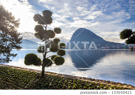 Ciani park with autumn leaf color in Lugano city AND TOPIARY TREES Ciani park with autumn leaf color in Lugano city AND TOPIARY TREES 133030421