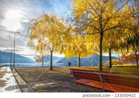Ciani park with autumn leaf color in Lugano city -fantastic day on lake Lugano BLURRE MOTION PERON IN DISTANCE WATCH ON LAKE Ciani park with autumn leaf color in Lugano city -fantastic day on lake Lugano BLURRE MOTION PERON IN DISTANCE WATCH ON LAKE 133030422