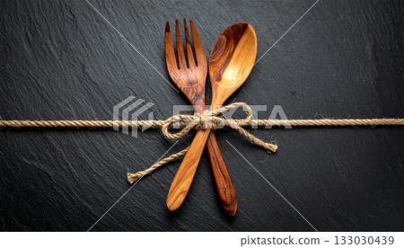 Wooden spoon and fork kitchen cutlery set isolated on white 133030439
