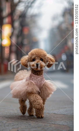 brown toy poodle wearing pink pet clothes dress on street 133030582
