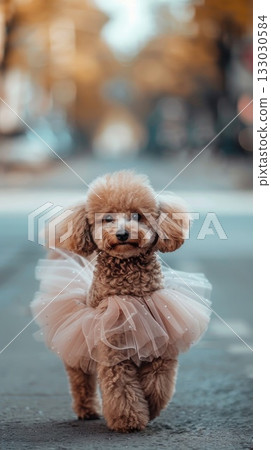 brown toy poodle wearing pink pet clothes dress on street 133030584