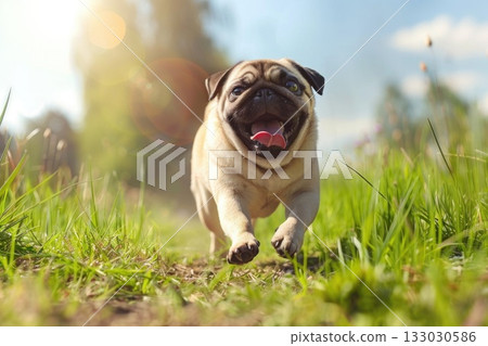 Happy pug dog running on a green meadow grass park Happy pug dog running on a green meadow grass park 133030586
