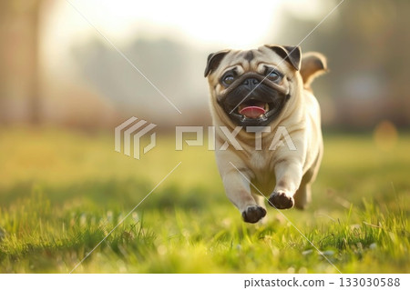 Happy pug dog running on a green meadow grass park Happy pug dog running on a green meadow grass park 133030588